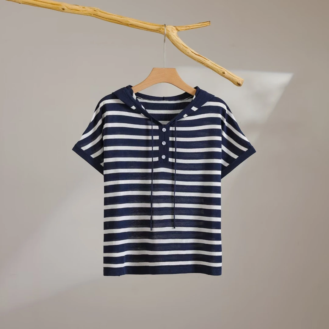 【星缃雾縠】天丝亚麻夏季条纹宽松休闲舒适女透气短袖T恤8197