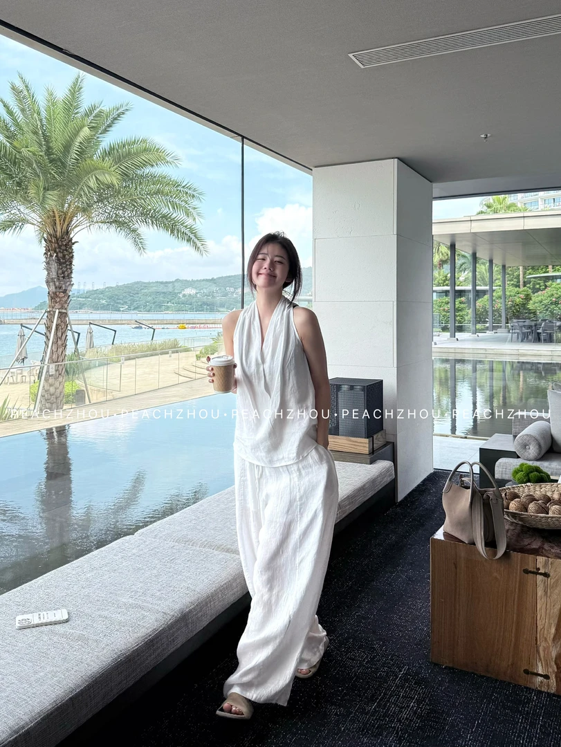 『PEACHZHOU』100亚麻气质挂脖宽松知性背心极简休闲松弛无袖上衣女