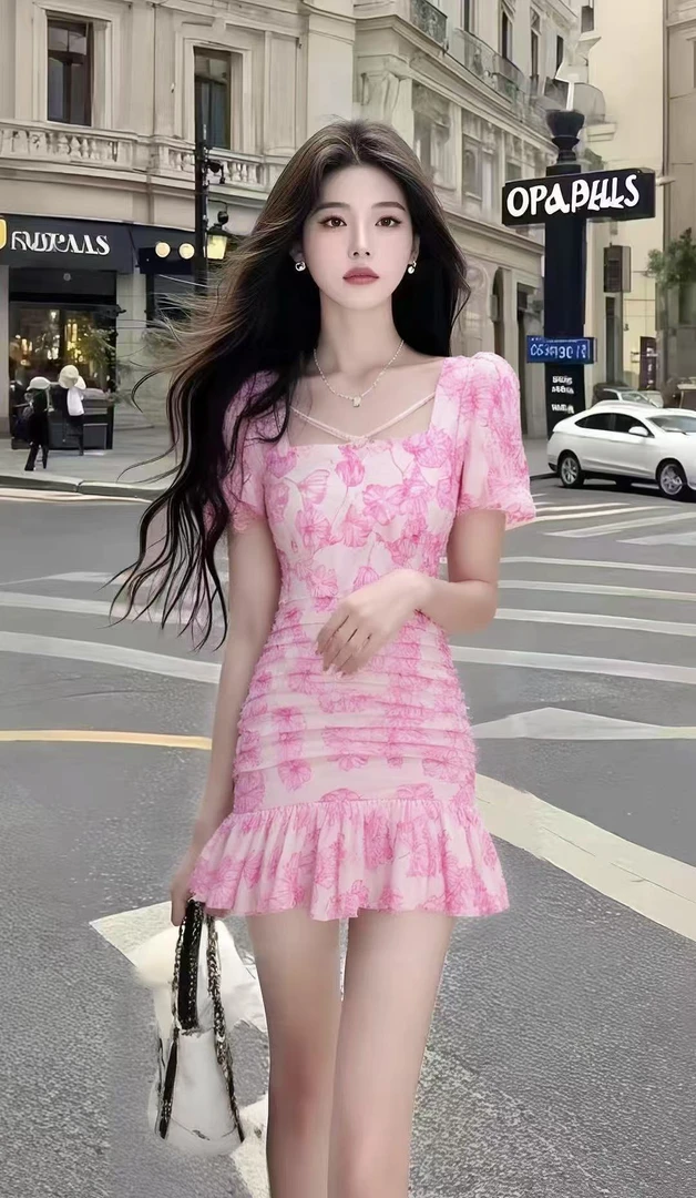 新款时尚粉色碎花设计方领短袖收腰包臀连衣裙女时尚纯欲高级女装