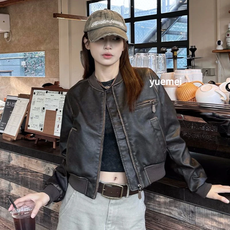 【本月爆款】手工擦色美式时尚机车皮衣夹克女新款复古拉德网红皮