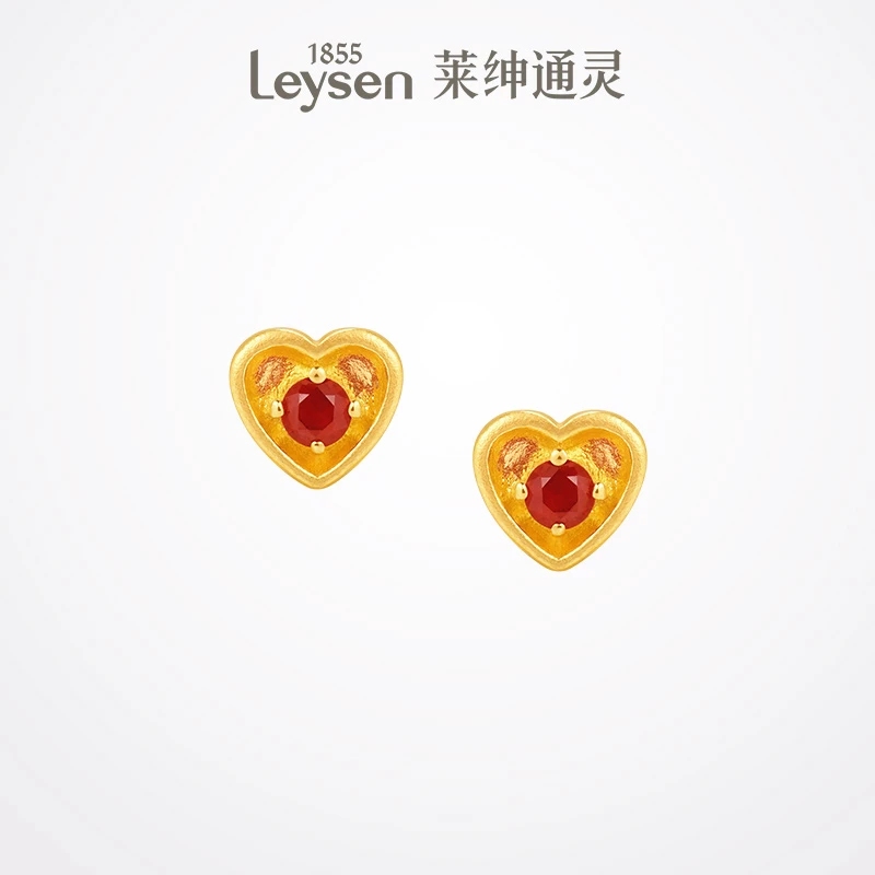 【新品】莱绅通灵蜜糖系列·爱心足金耳钉999足金红宝石耳钉
