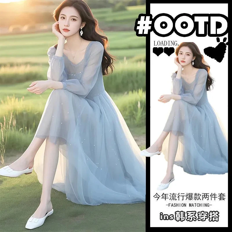 夏季新款多巴胺穿搭高端精致轻奢高级感大气温柔风蓝色雪纺连衣裙