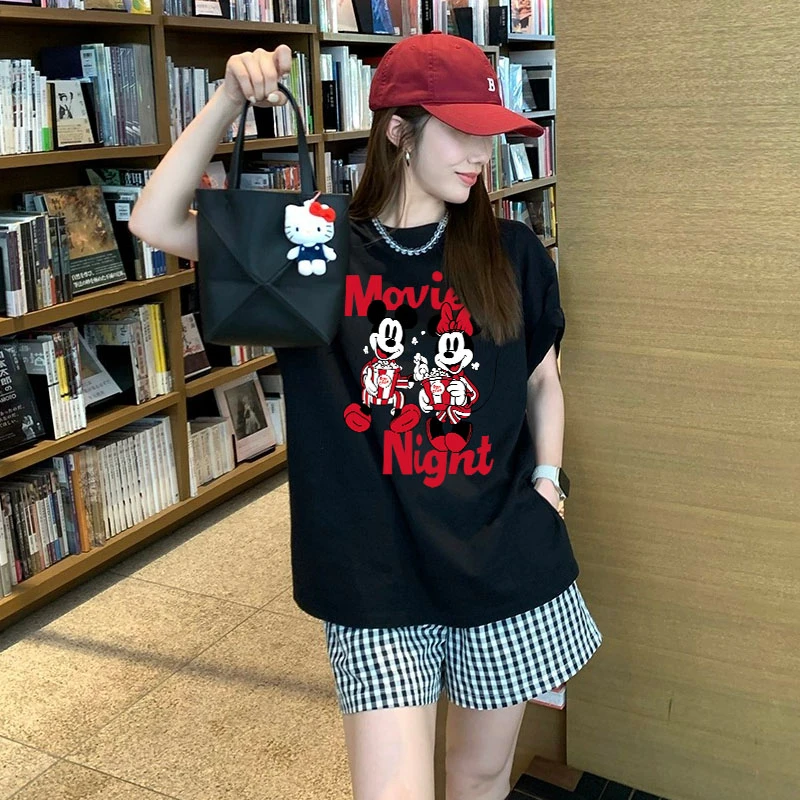 韩版新年米奇纯棉短袖情侣装半袖衫潮牌夏季休闲t恤红色百搭上衣