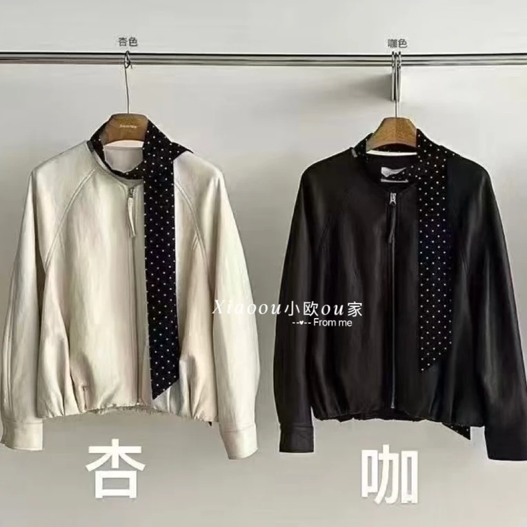 OU高级感炸街复古皮衣外套女秋冬百搭宽松休闲夹克机车送飘带