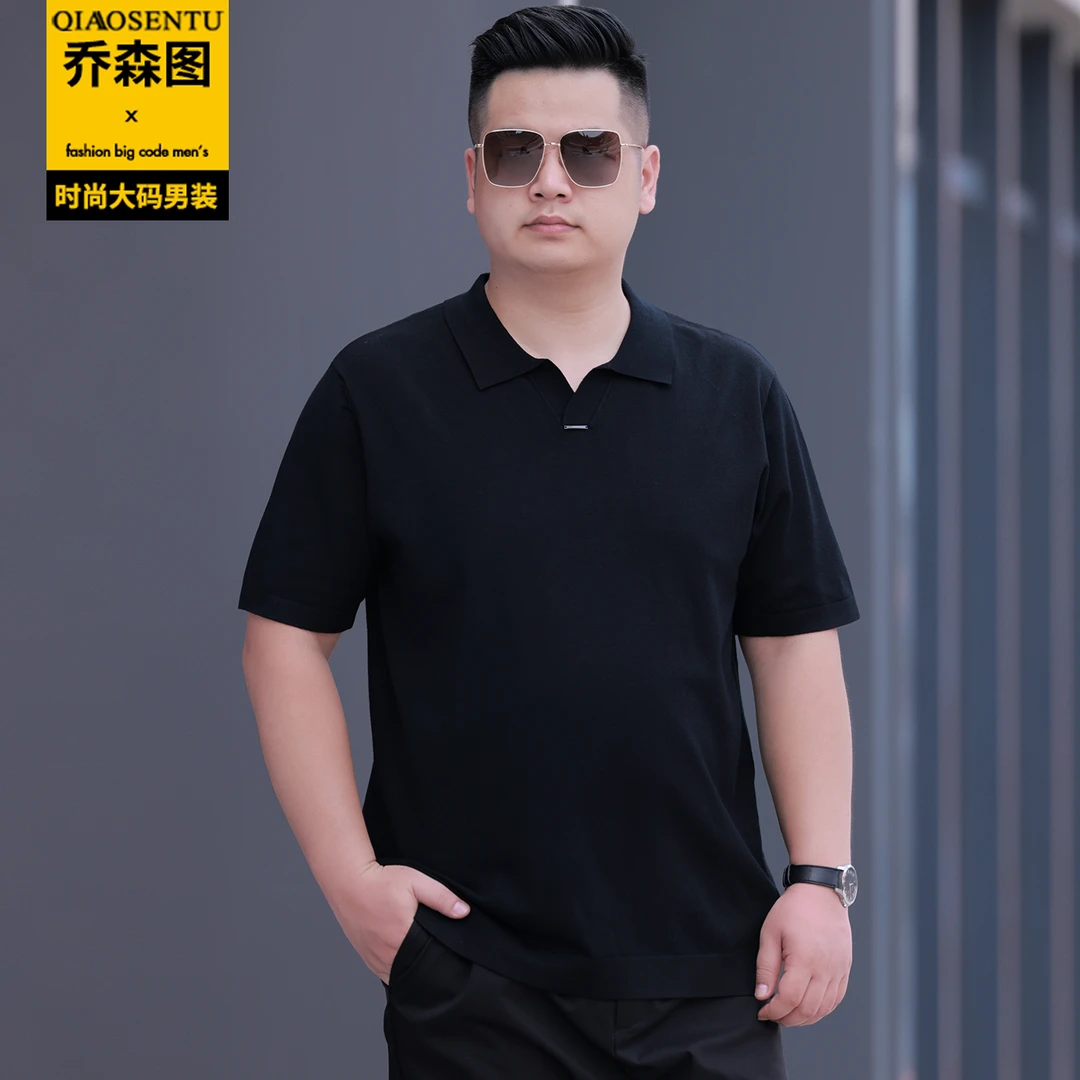 大码男装短袖毛衣春秋加肥加大号胖子肥佬宽松休闲翻领针织衫上衣
