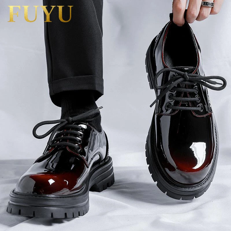 高档漆皮亮面休闲皮鞋男秋季英伦风厚底增高大头鞋结婚新郎男鞋