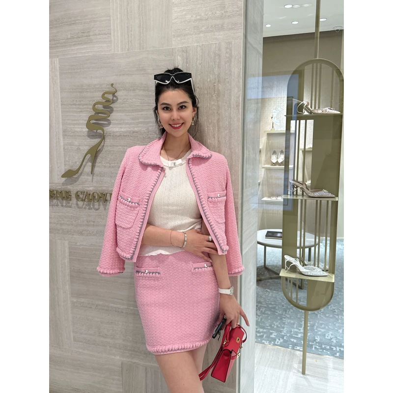 【LJ】香家新款娃娃领重工珍珠口袋短款针织开衫外套