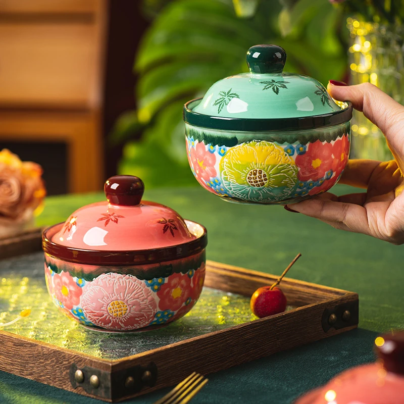 【墨蓝家居】绿影黛粉炖盅家用瓦罐汤炖罐陶瓷带盖隔水炖罐一人份