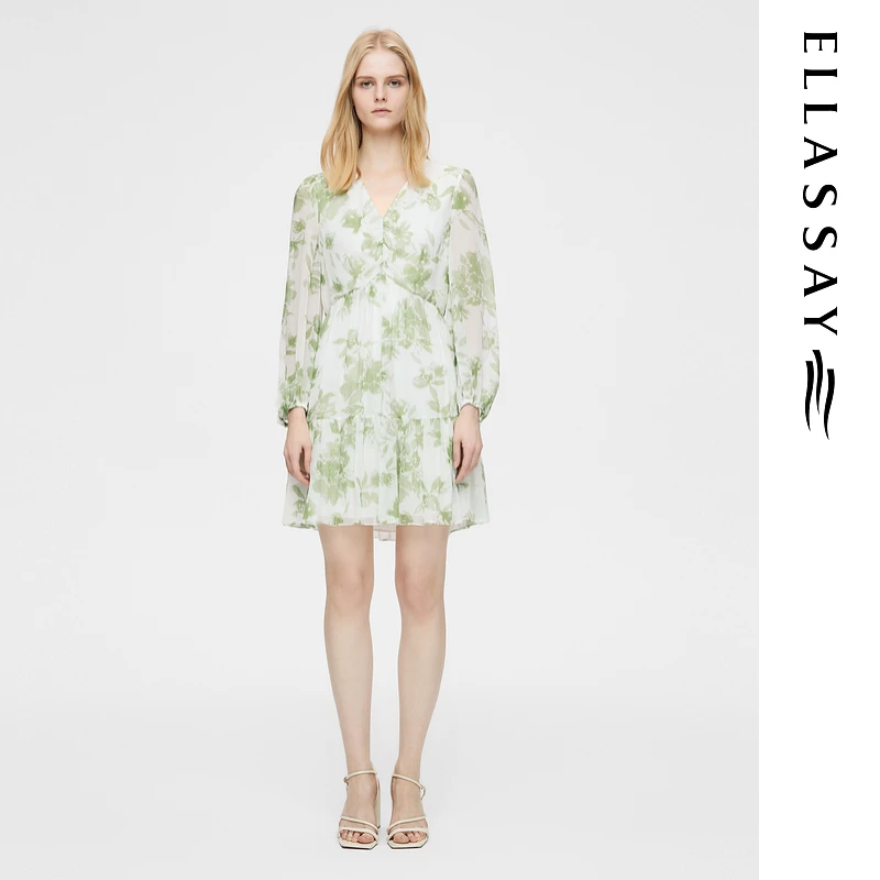 ELLASSAY歌力思25早春欧若风桑蚕丝清新碎花连衣裙女EWB362Y02100