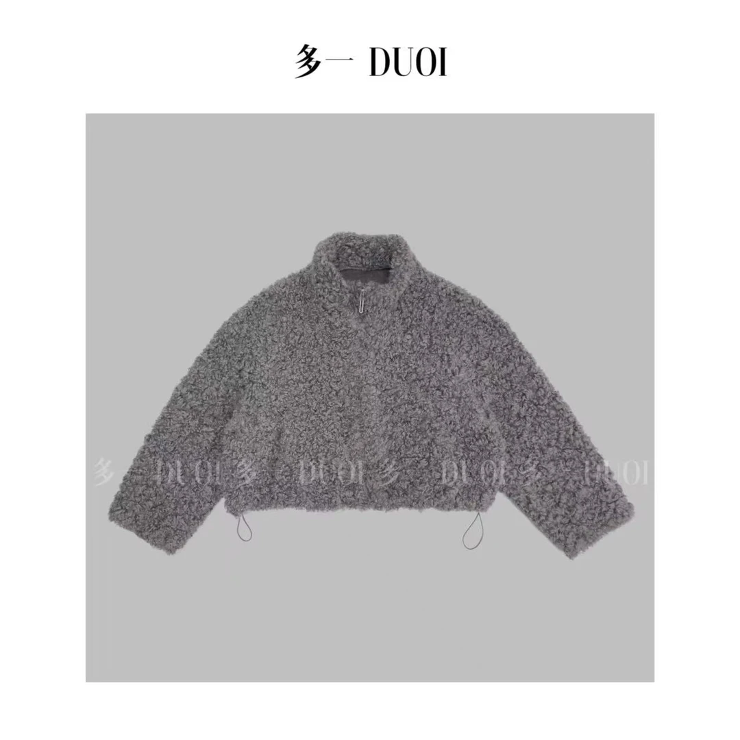 多一“雪松”2025冬季毛毛立领插肩袖抽绳短款拉链加厚百搭外套