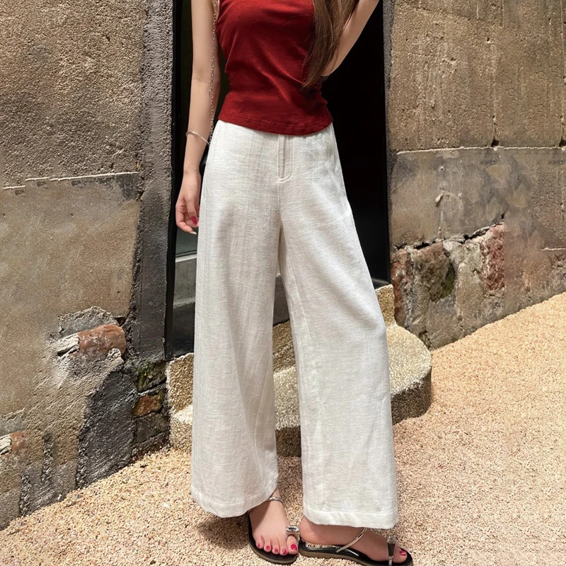 白色老钱风亚麻阔腿裤裤子女夏季薄款小个子休闲棉麻苎麻九分裤