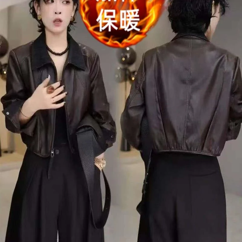 夹棉加厚覆古翻领拼接皮衣外套女秋冬季新款时尚百搭休闲短款上衣