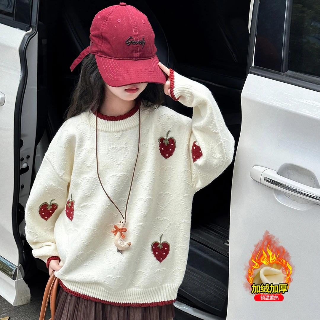 女童毛衣秋冬2025新款儿童洋气圆领加厚上衣中大童冬季套头针织衫