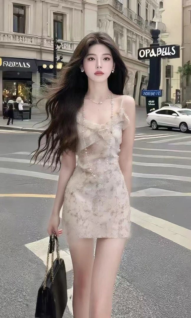 法式温柔甜美风时尚高端大气氛围感碎花V领无袖收腰吊带连衣裙女