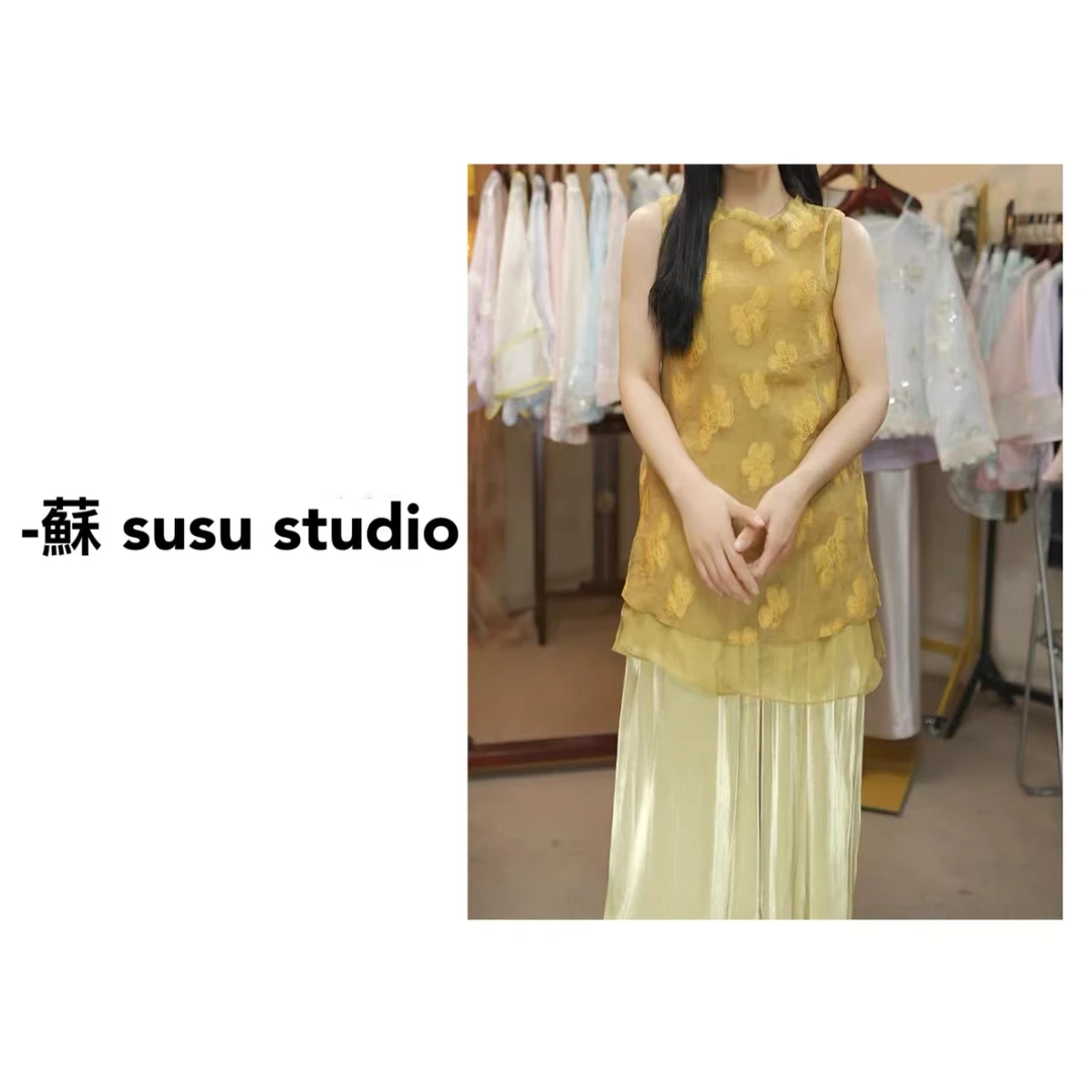 新中式立体花朵刺绣假两件无袖背心女2025年夏季新款上衣237