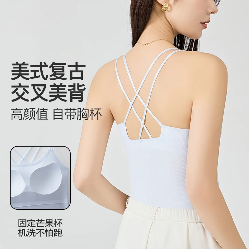 【MiiOW】猫人时尚运动交叉吊带背心女夏薄款打底带胸垫运动修身