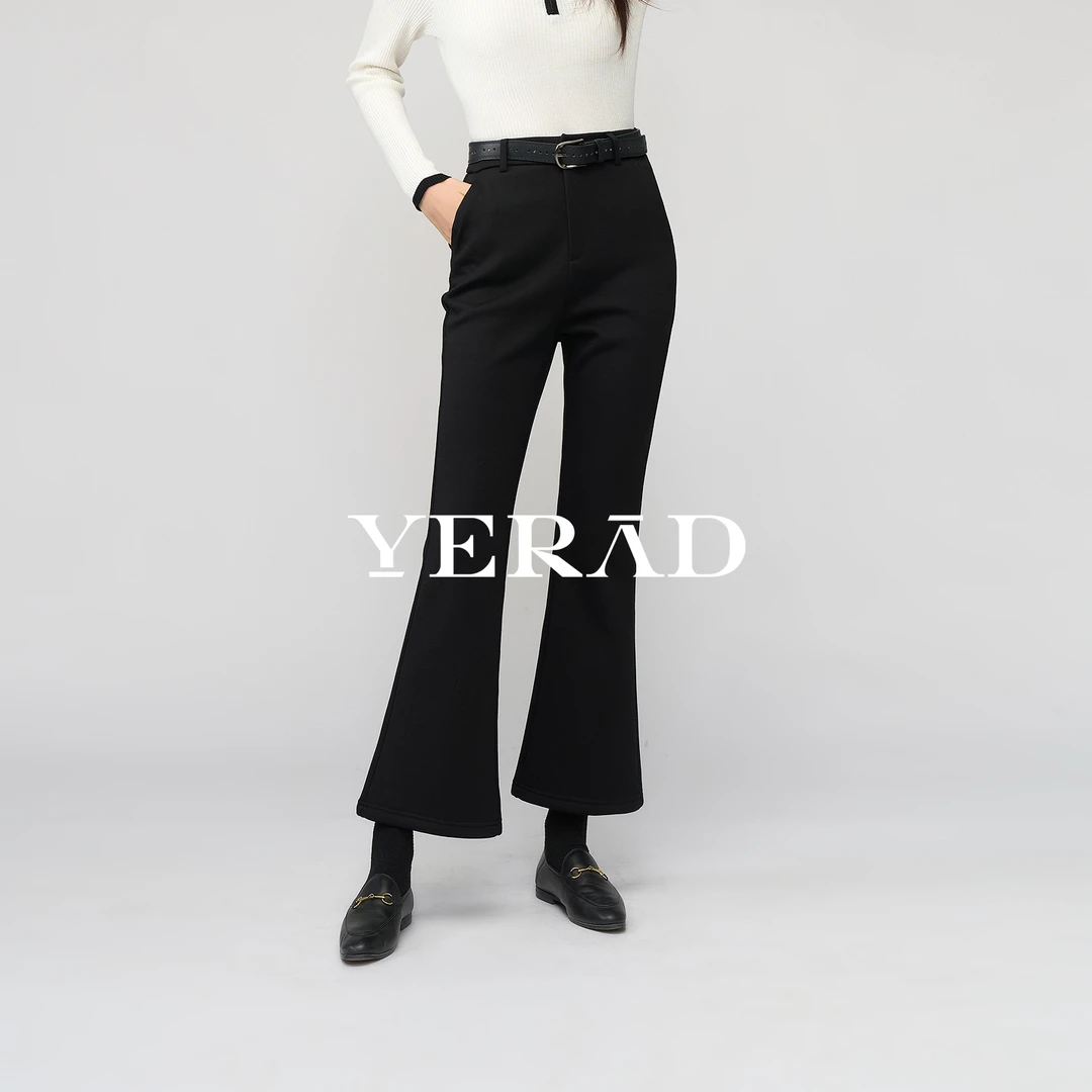 娅丽达加绒针织微喇裤女冬2025新款显瘦休闲女裤子黑色九分喇叭裤