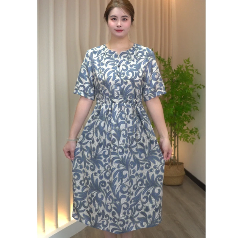 XJ连衣裙女中袖v领透气夏季中腰显瘦气质长裙时尚洋气蓝色连衣裙