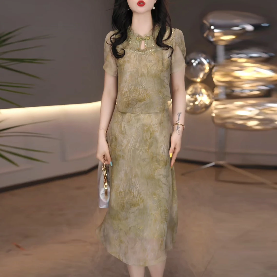 短袖连衣裙2025夏新款新中式国风洋气假两件遮肚子十三行妈妈裙子