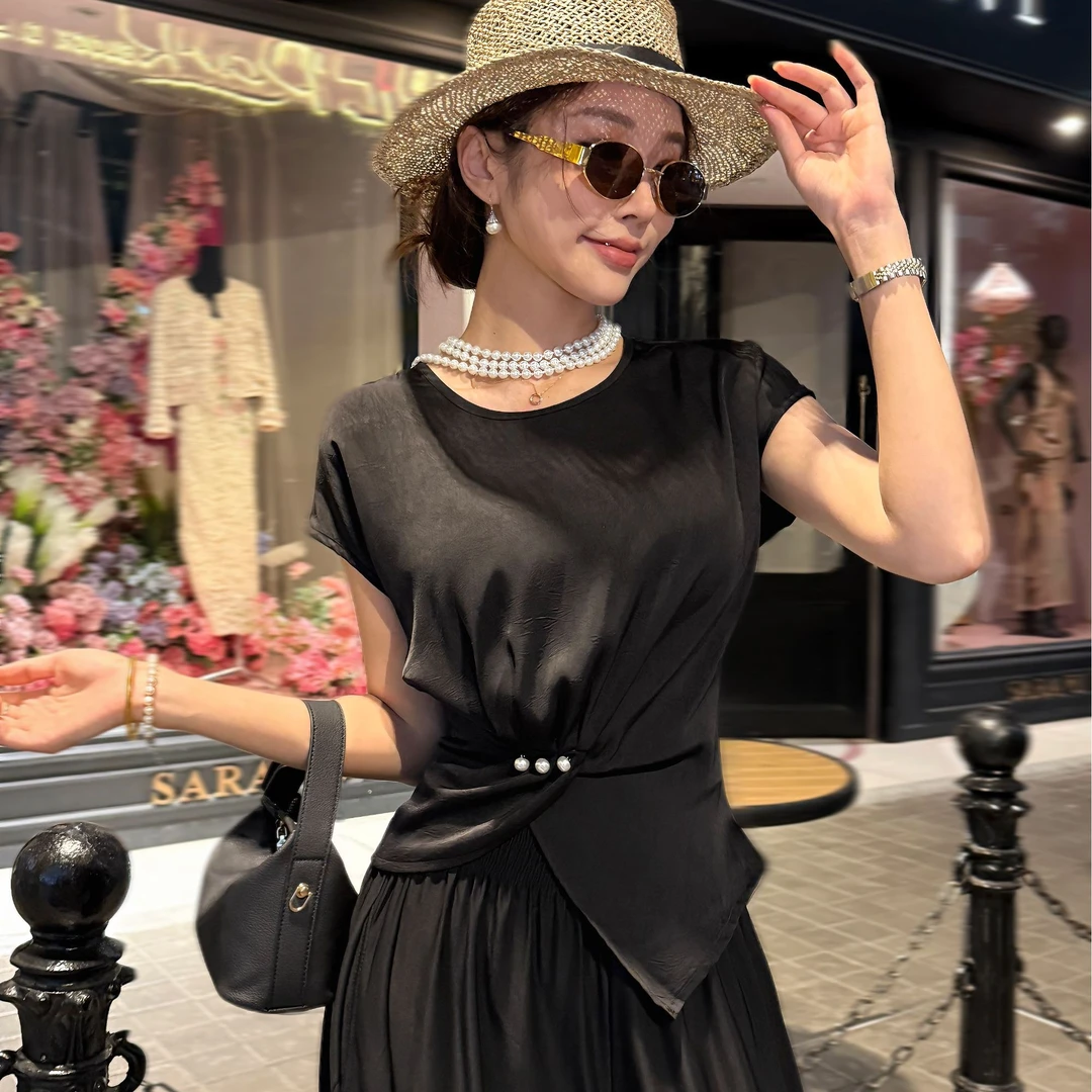 缎面提花衬衫女2025夏季新款时尚短袖不规则设计感洋气显瘦小衫