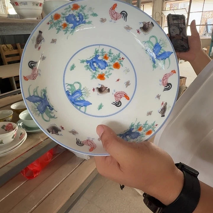 景德镇高温陶瓷7.5寸釉下五彩鸡缸盘1个