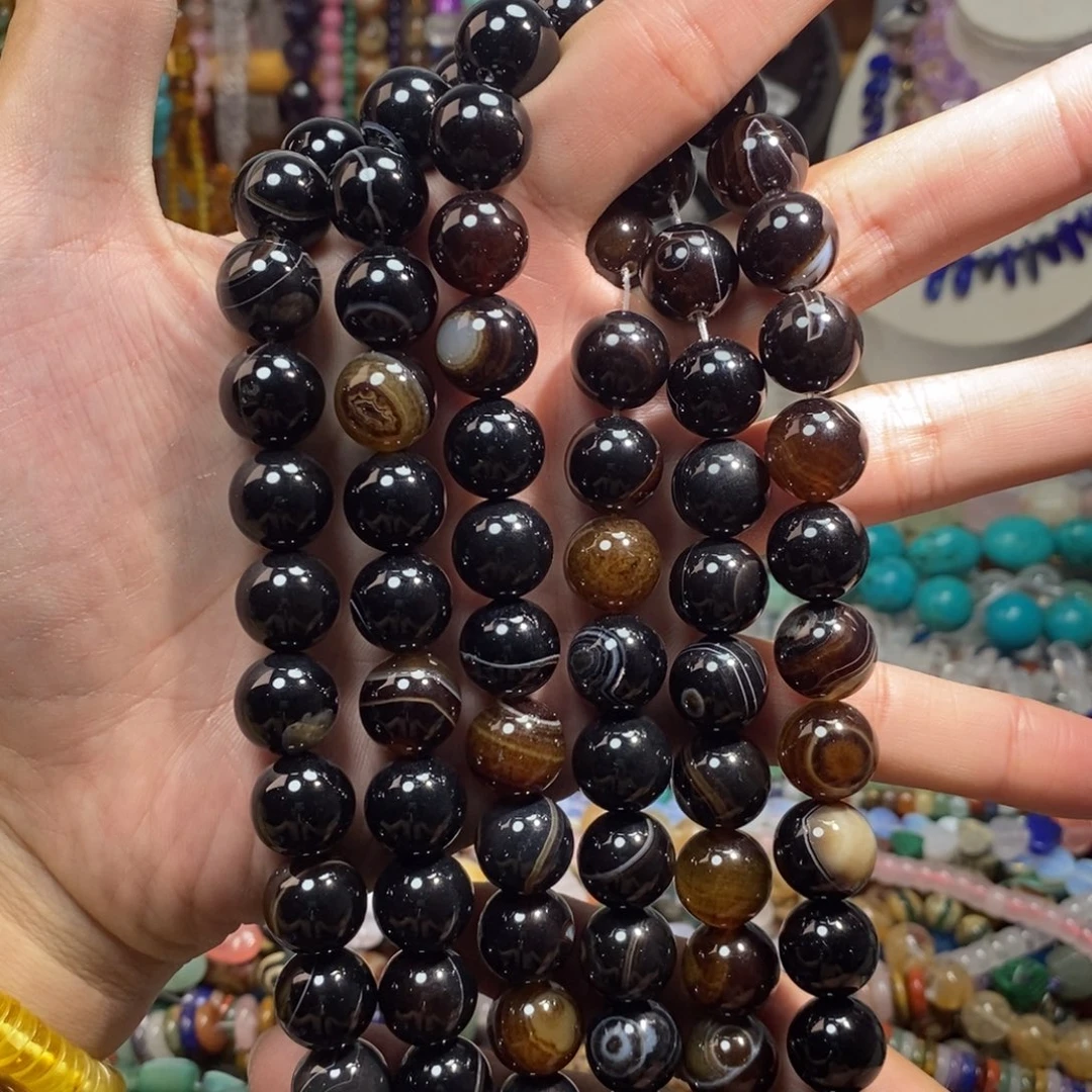 未镶嵌，咖色缠丝玛瑙14mm，石英质玉