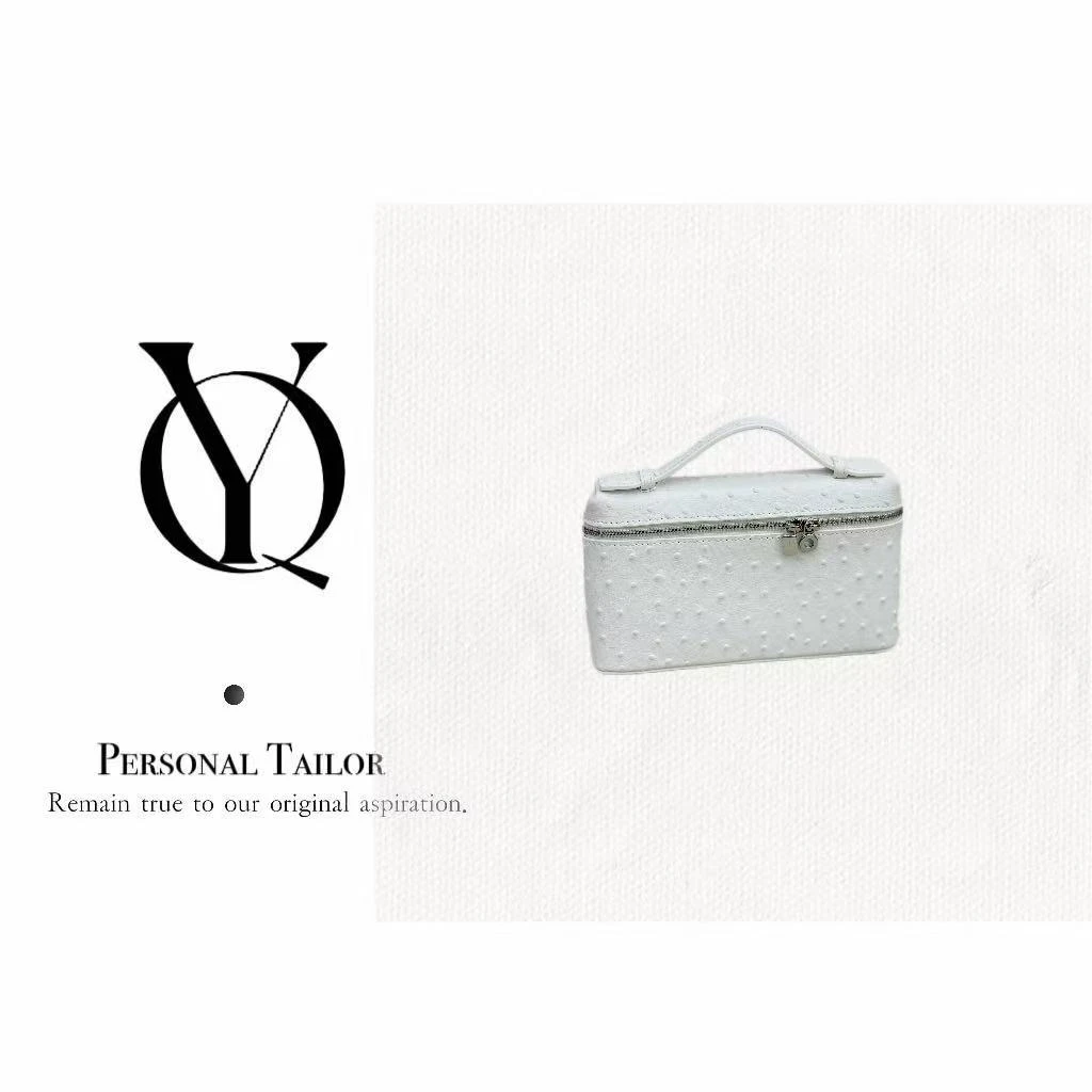 YUQIAO/【Extra bag】18cm双拉链开合小牛皮鸵鸟纹饭盒包白色 YQ104