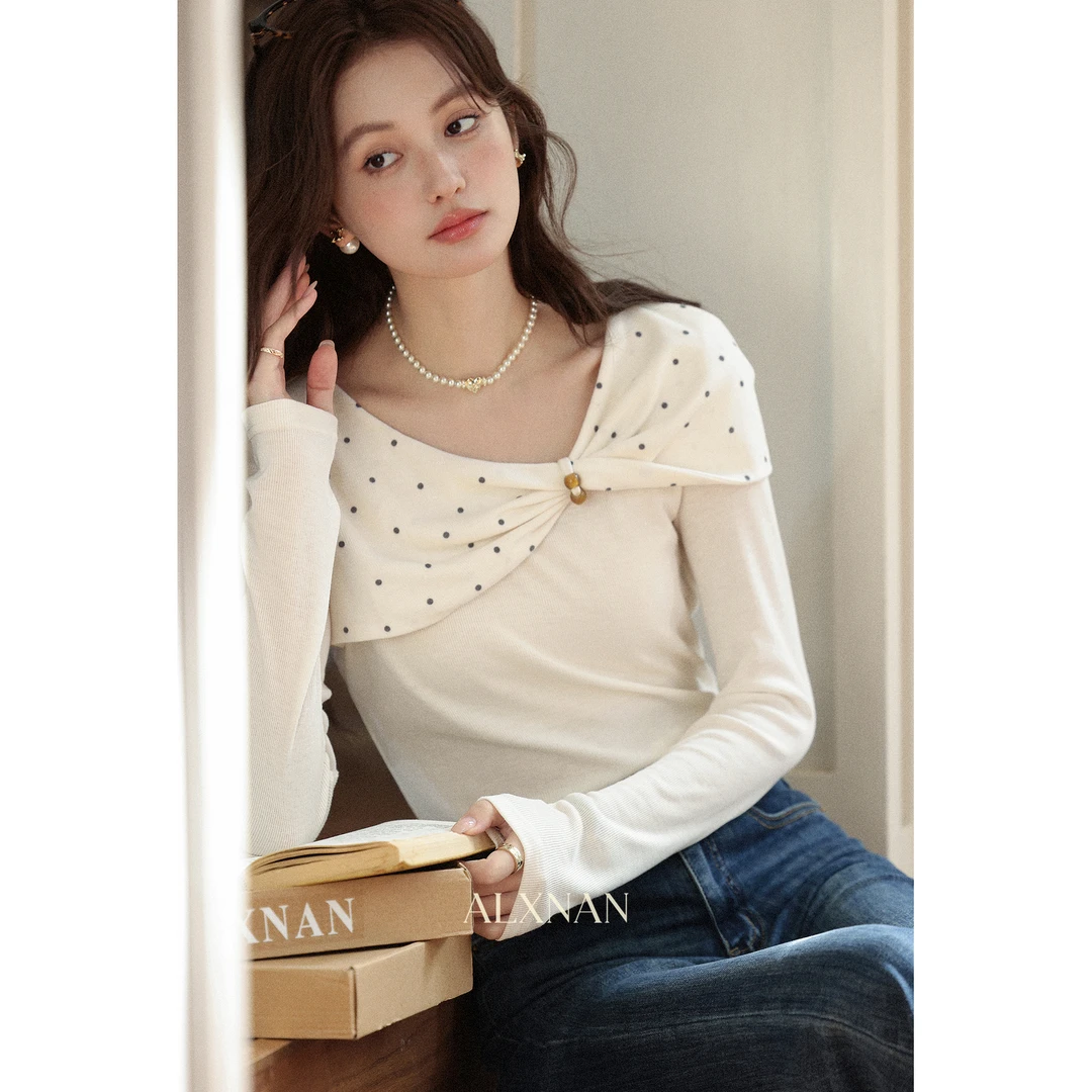 [清清」法式杏色长袖T恤女秋新款设计感扭结长袖上衣L57026-1