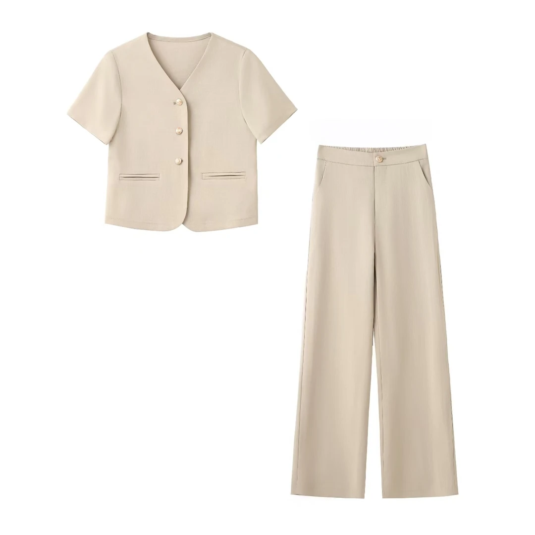 宽松法式短袖休闲风韩版V领西装显瘦夏季小众七分袖百搭春夏套装