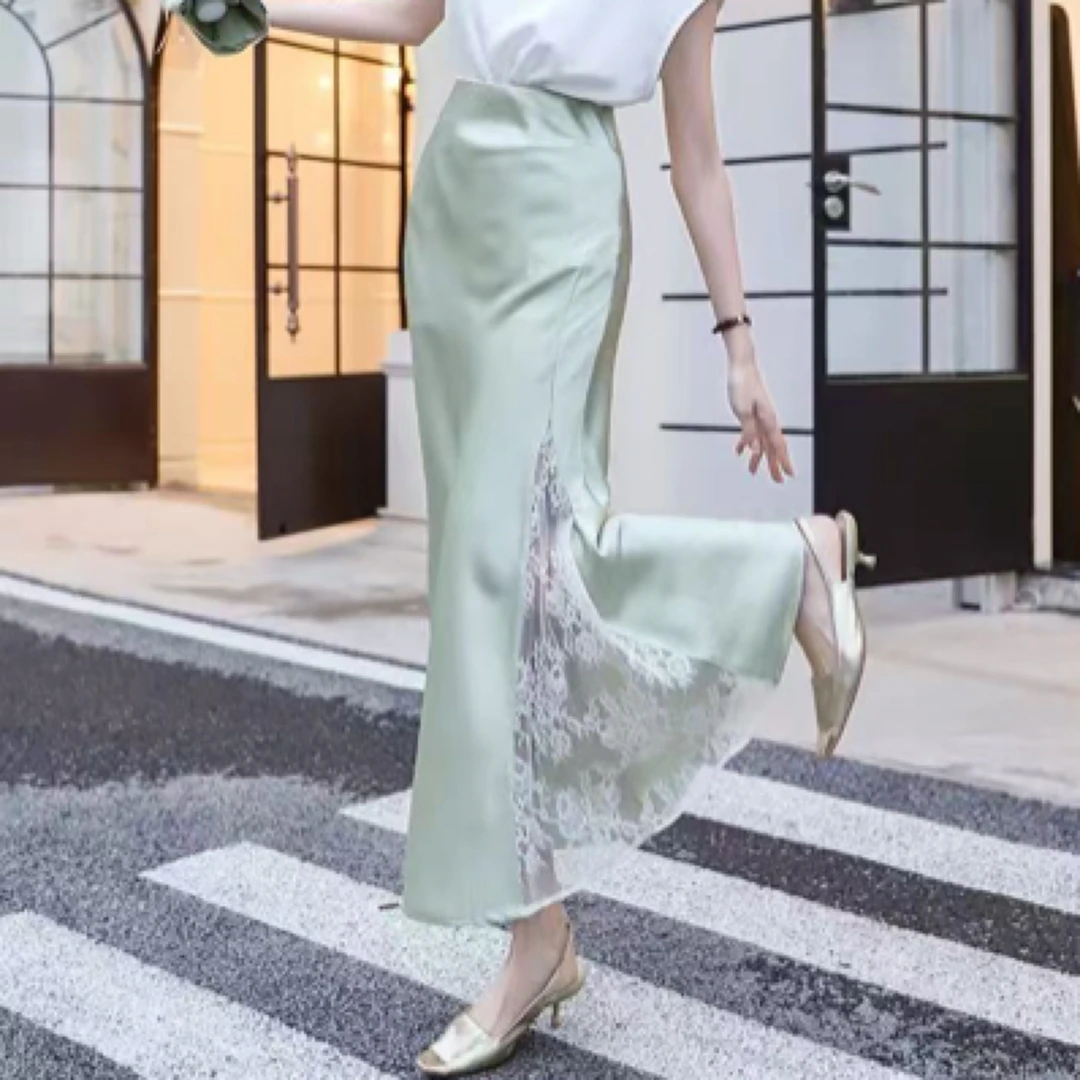 法式气质优雅纯色缎面半身裙高腰女小众设计感蕾丝拼接大摆鱼尾裙