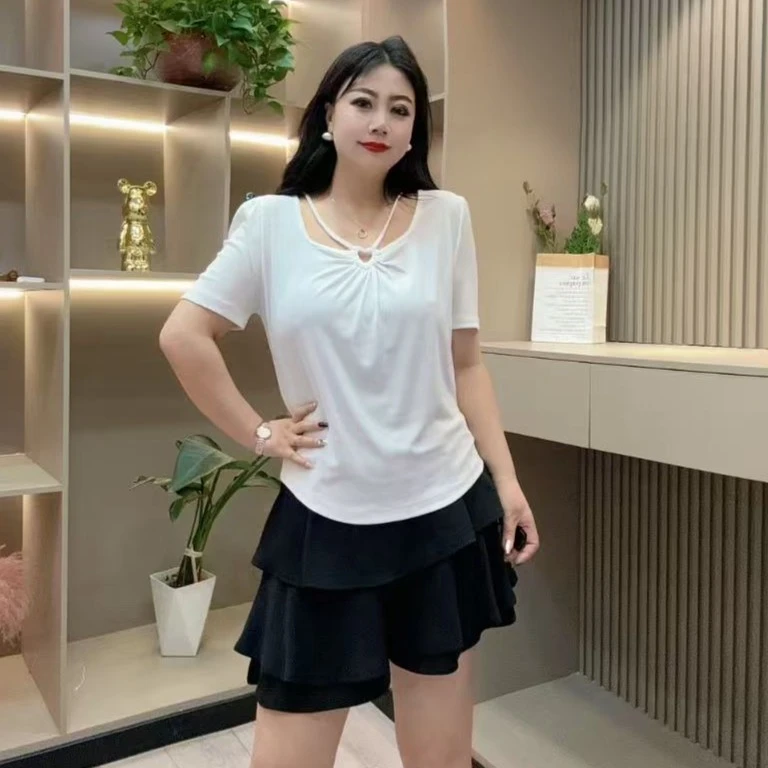 夏季半袖-酷 3513时尚潮流设计爱心领绳洋气显瘦胖MM大码女装新款