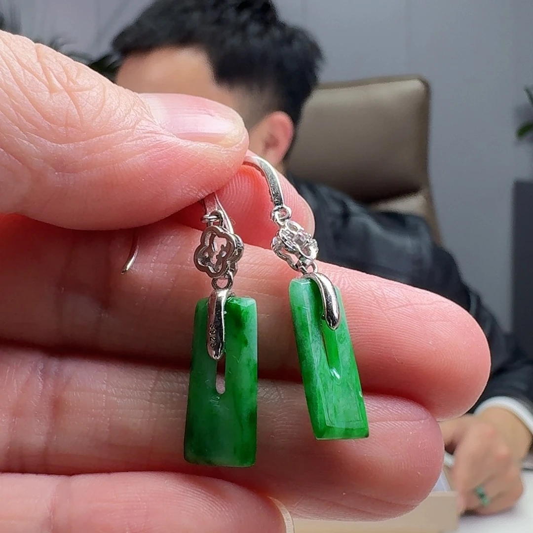 翡翠耳饰银S925镶嵌天然