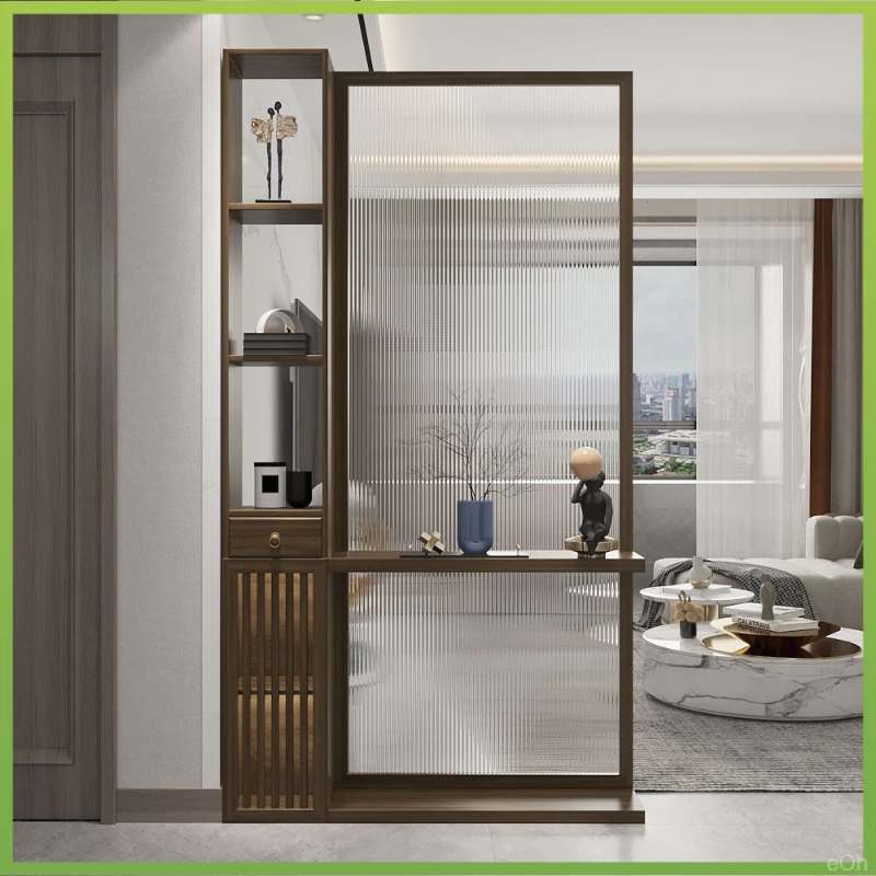 新中式长虹玻璃实木屏风隔断玄关花架客厅餐厅收纳柜入户进门隔断