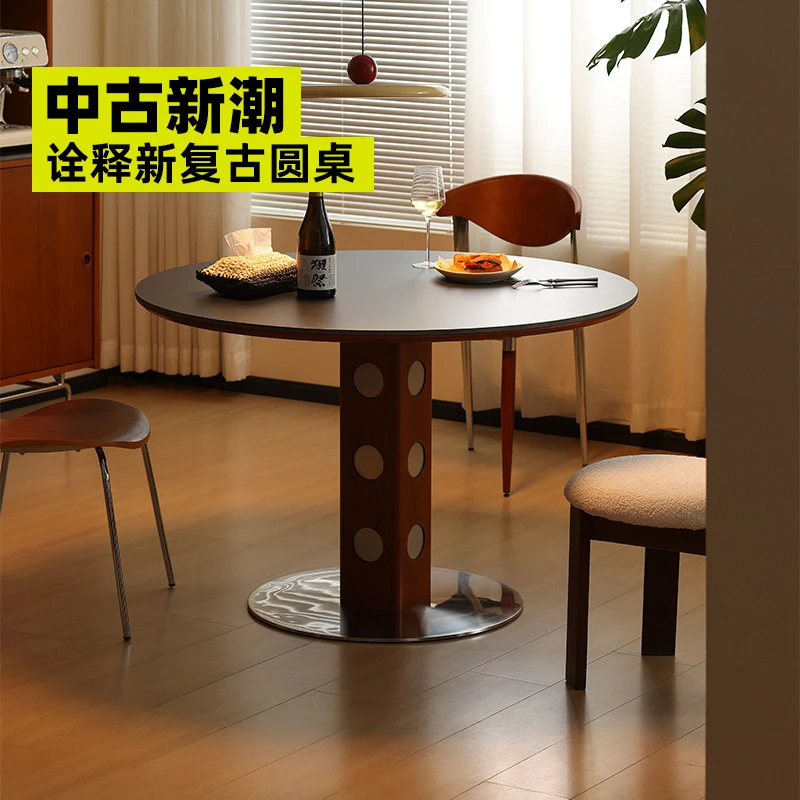 【木木家具】中古圆桌复古金属腿圆形餐桌北欧包豪斯实木岩板饭桌