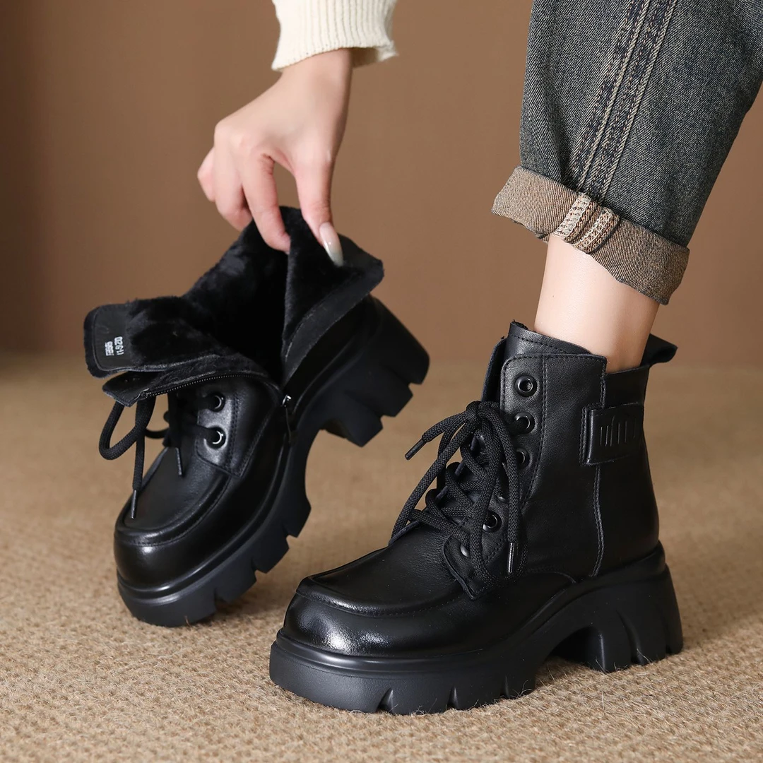 马丁靴女厚底粗跟短靴头层牛皮2025冬季新款英伦百搭复古保暖绒里