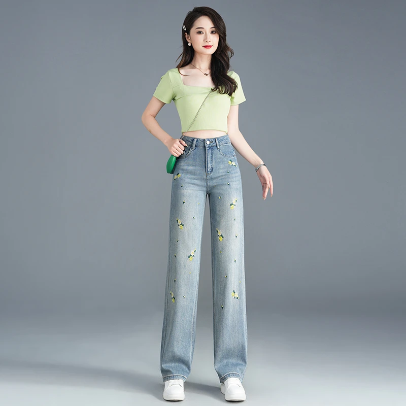 2025秋季新款高腰显瘦百搭拖地裤时尚修身窄版宽松牛仔直筒裤