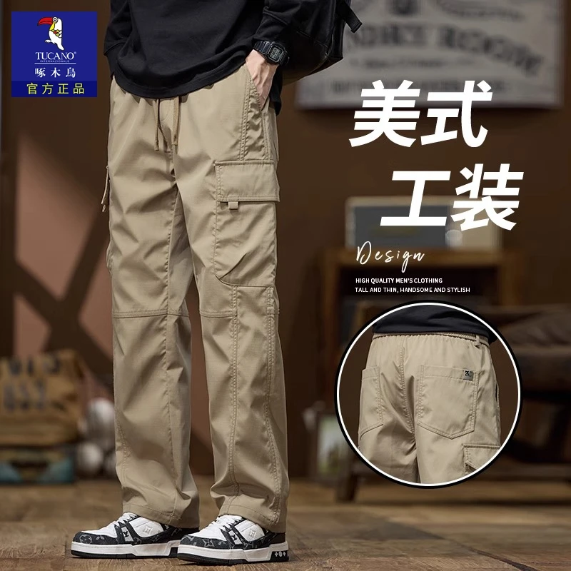 啄木鸟卡其色休闲裤男款春季潮牌宽松直筒阔腿美式工装长裤子男士