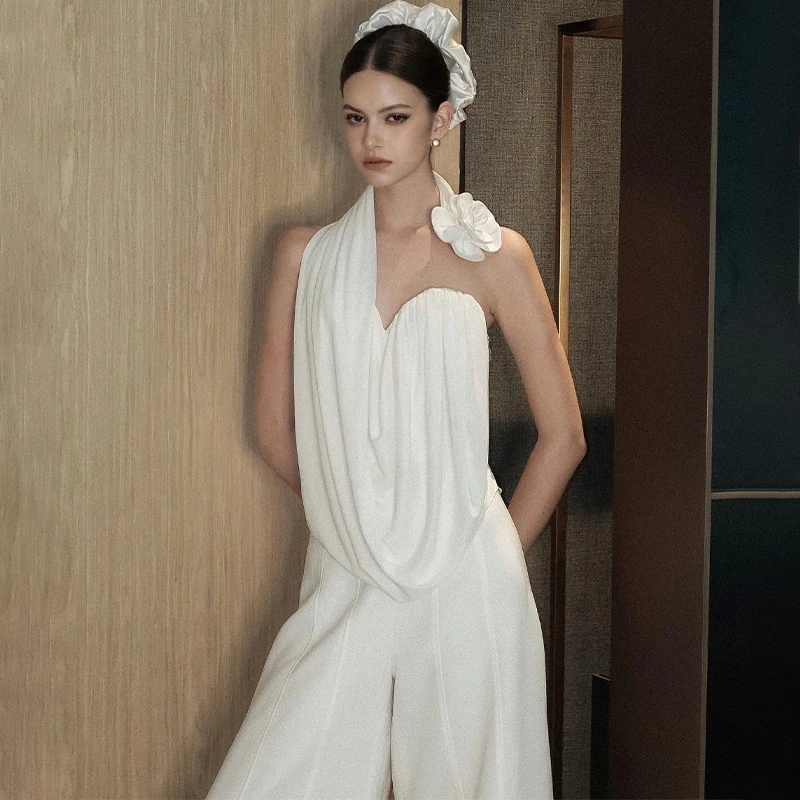 小众设计感挂脖带花露肩显瘦纯色无袖气质外衣女春宽松阔腿裤套装