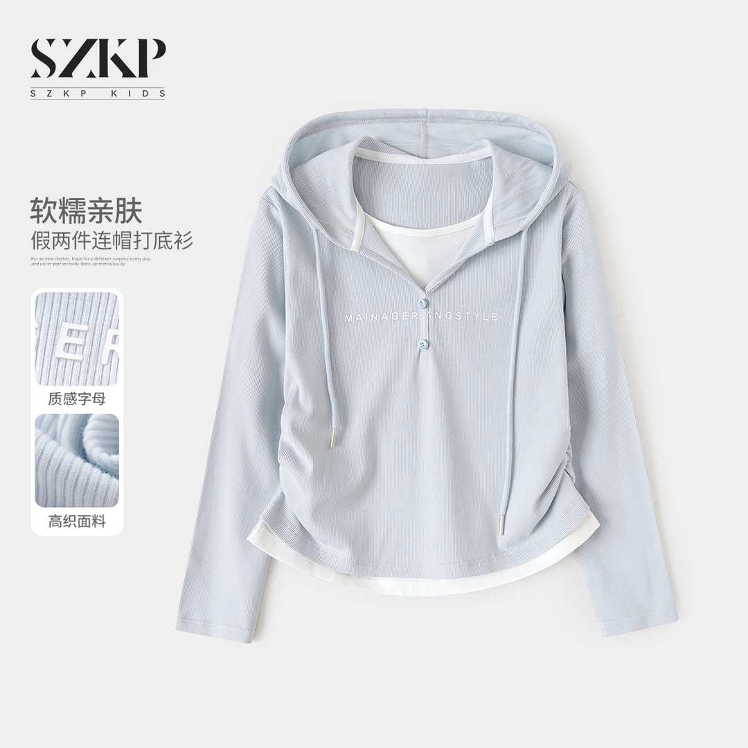 SZKP春季女童假两件打底衫中大童女孩时尚连帽长袖T恤YNYC550278