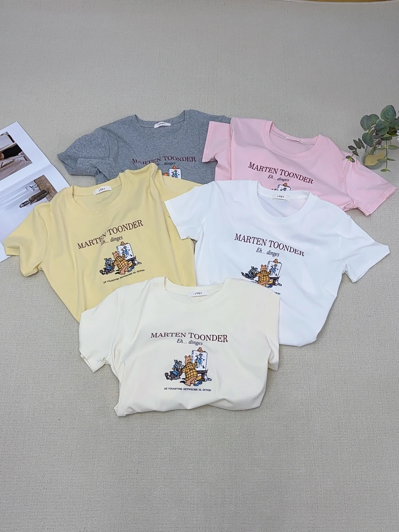 书玥家 小熊圆领宽松型短袖烫印修身型T恤潮流白色夏季印花休闲in