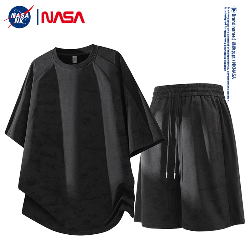 NASA联名夏季休闲短袖套装男士脏脏风透气圆领潮流简约百搭两件套