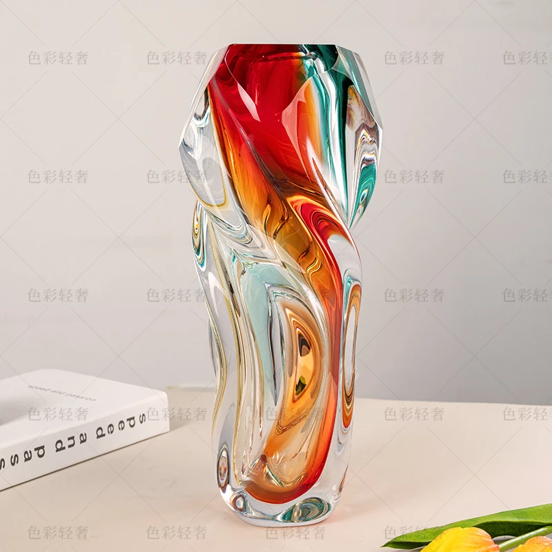 L366 现代化居家水培插花器扭纹黄绿红装饰摆件花瓶