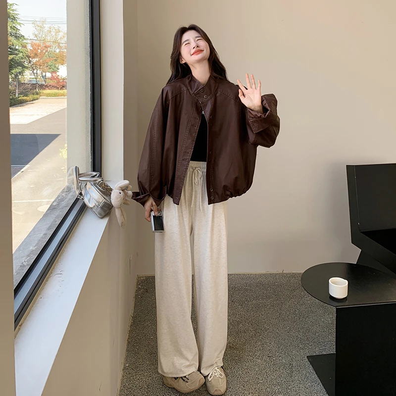 韩系复古立领皮夹克外套女2025春秋季新款宽松廓形显瘦皮衣短上衣