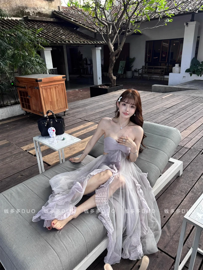 度假风连衣裙纯欲设计感露腰荷叶边不规则性感抹胸裙收腰网纱长裙