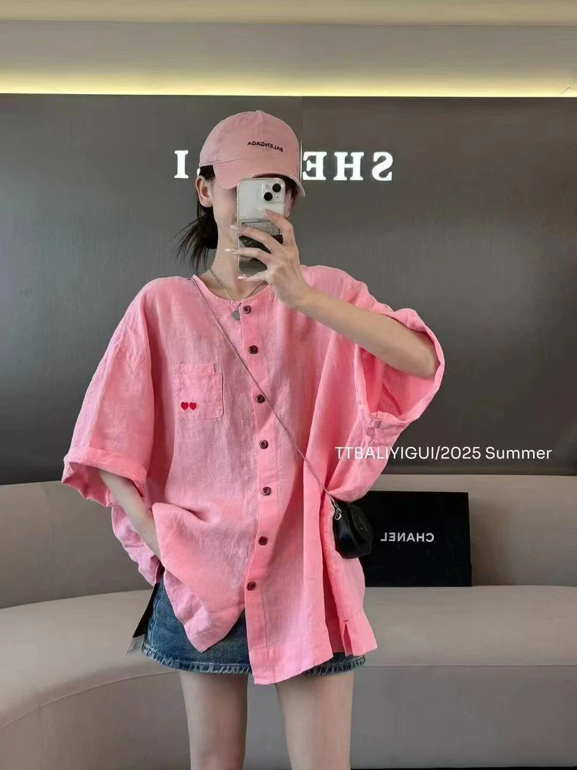 静静推荐-2025新款时尚百搭潮流显瘦宽松亚麻短袖