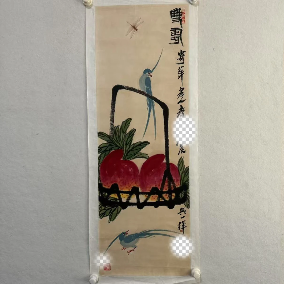G022 QBS 寿桃纸本设色托片，100×34