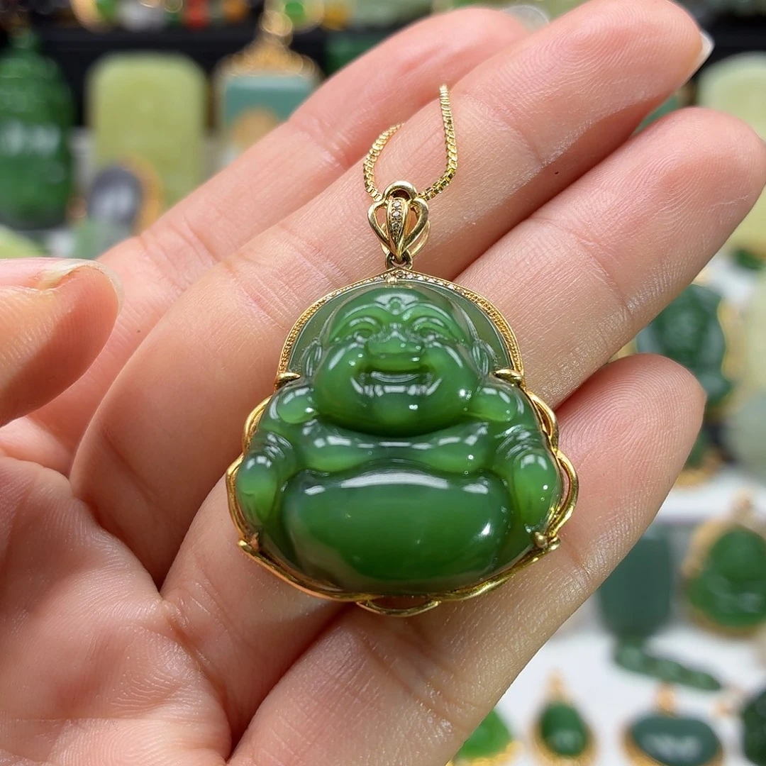 和田玉18K金镶嵌颈饰荧光绿猫
