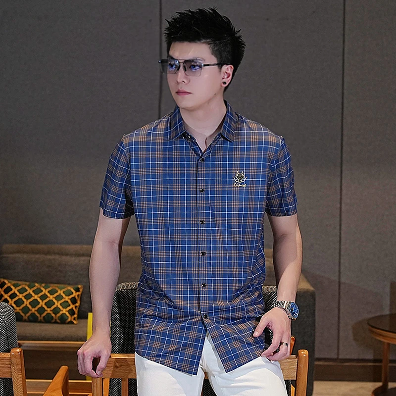 夏季男士轻商务休半拉链衬衫时尚印花韩版修身无痕弹力冰丝衬衣