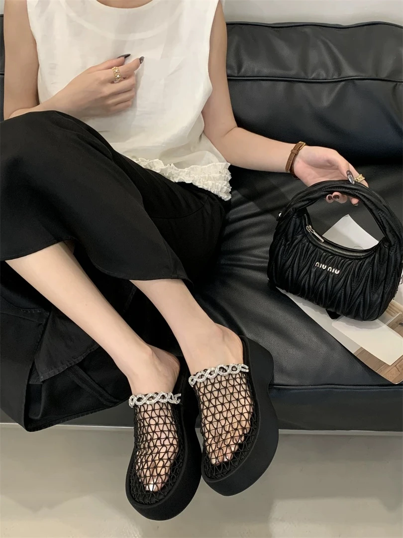 266-7 镂空网面透气舒适厚底包头半拖鞋女夏新款小个子凉拖A11