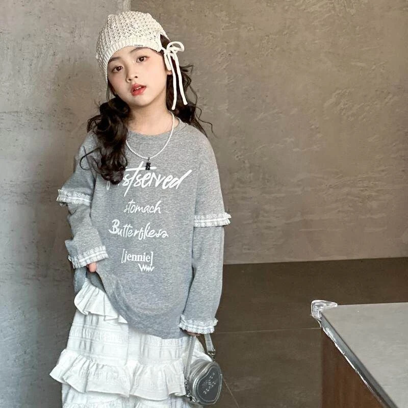 女童卫衣春秋2025新款韩版儿童春装韩国童装蕾丝花边拼接长袖上衣